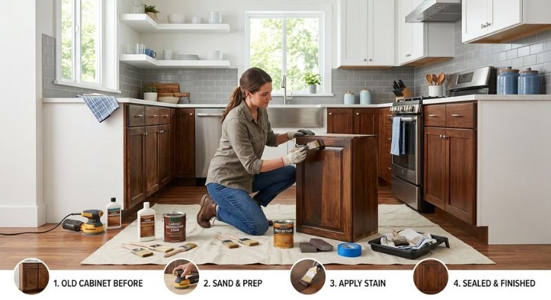 How to Refinish or Restain Old Kitchen Cabinets